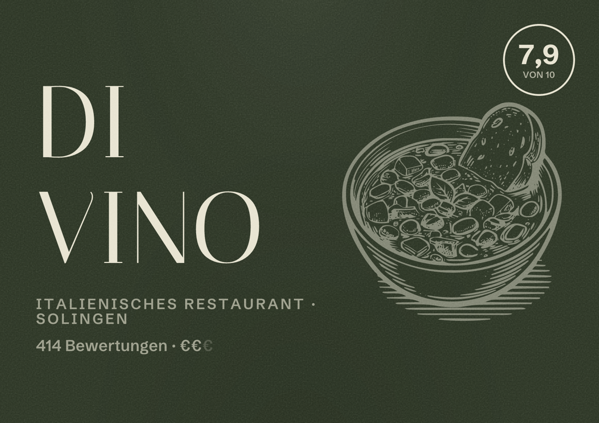Illustriertes Poster von Di Vino, Italienisches Restaurant in Solingen: Bewertung 7,9 von 10 aus 414 Bewertungen, Preisniveau €€