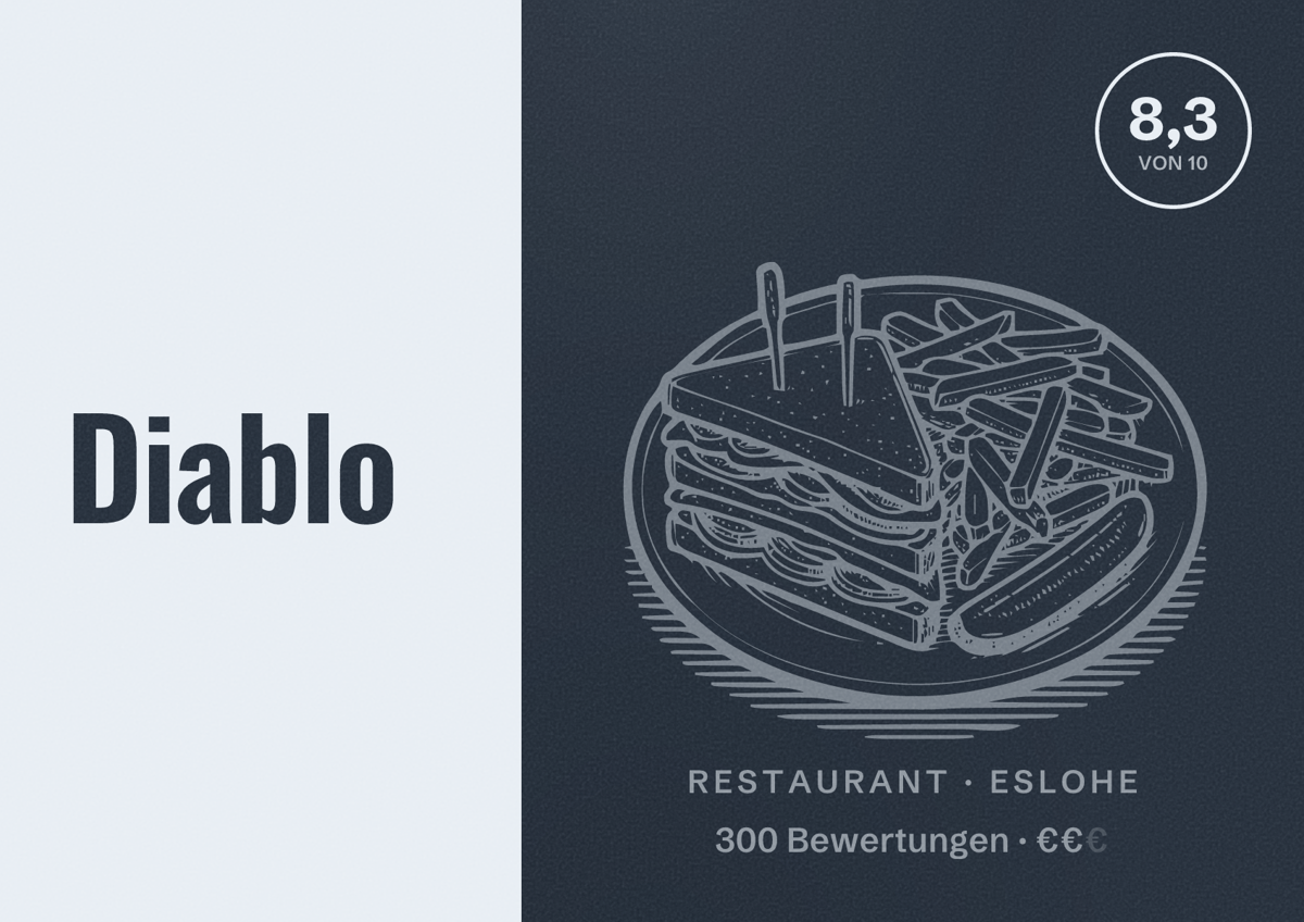 Illustriertes Poster von Diablo, Restaurant in Eslohe: Bewertung 8,3 von 10 aus 300 Bewertungen, Preisniveau €€