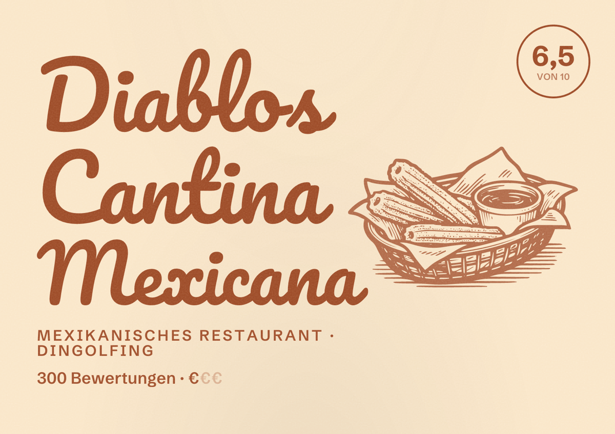 Illustriertes Poster von Diablos Cantina Mexicana, Mexikanisches Restaurant in Dingolfing: Bewertung 6,5 von 10 aus 300 Bewertungen, Preisniveau €