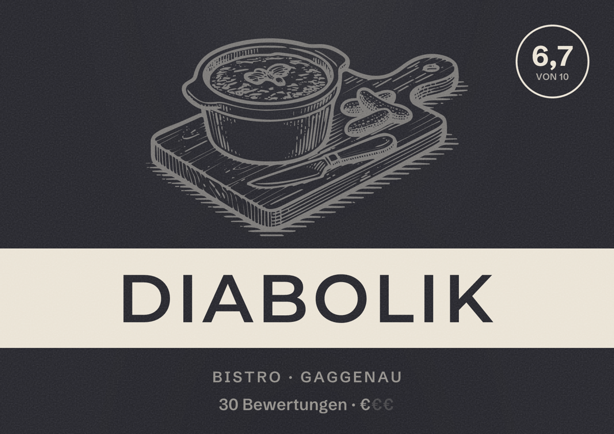 Illustriertes Poster von Diabolik, Bistro in Gaggenau: Bewertung 6,7 von 10 aus 30 Bewertungen, Preisniveau €