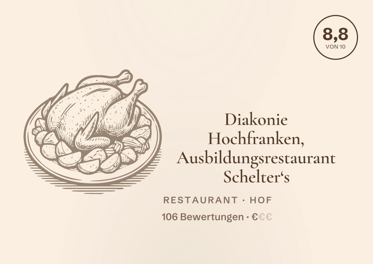 Illustriertes Poster von Diakonie Hochfranken, Ausbildungsrestaurant Schelter‘s, Restaurant in Hof: Bewertung 8,8 von 10 aus 106 Bewertungen, Preisniveau €