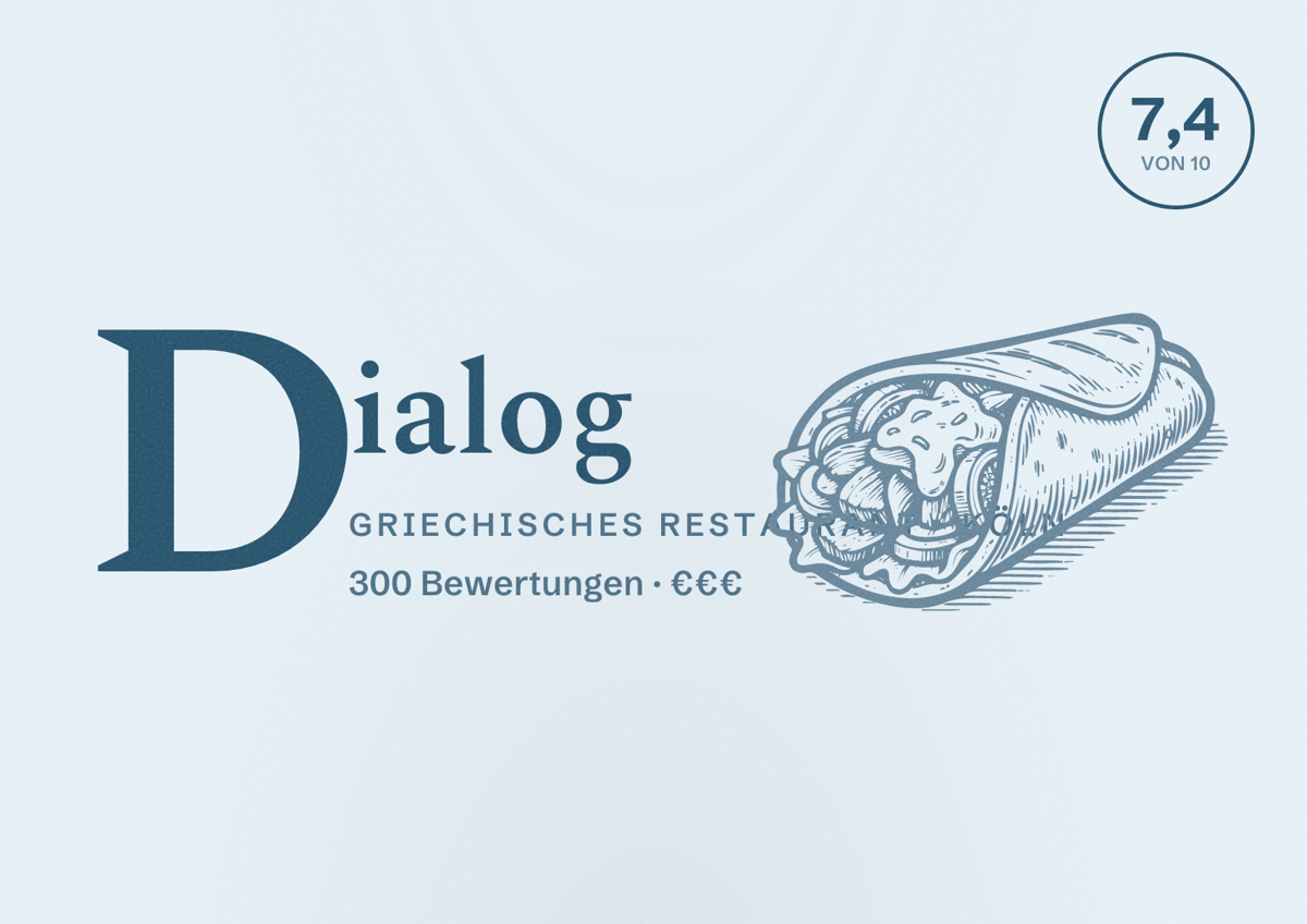 Illustriertes Poster von Dialog, Griechisches Restaurant in Köln: Bewertung 7,4 von 10 aus 300 Bewertungen, Preisniveau €€€