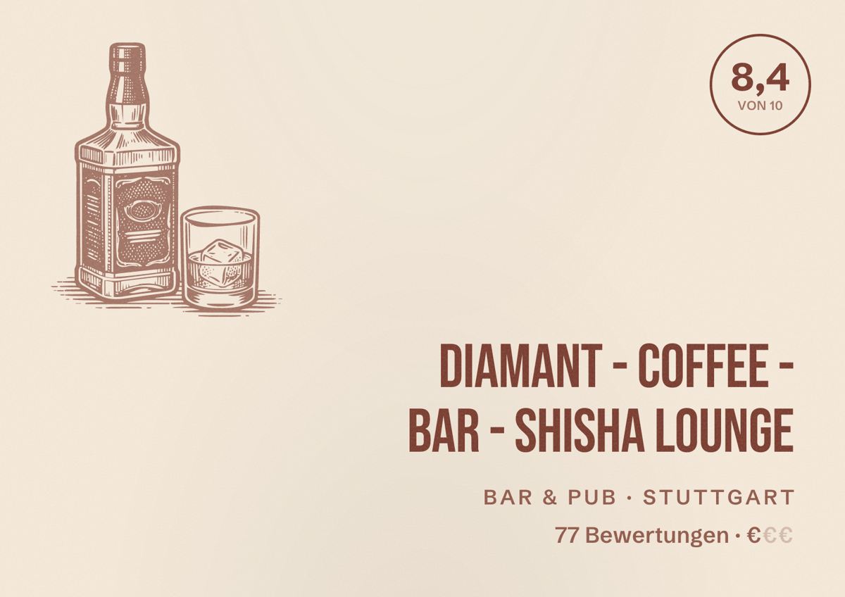 Illustriertes Poster von DIAMANT - Coffee - Bar - Shisha Lounge, Bar & Pub in Stuttgart: Bewertung 8,4 von 10 aus 77 Bewertungen, Preisniveau €