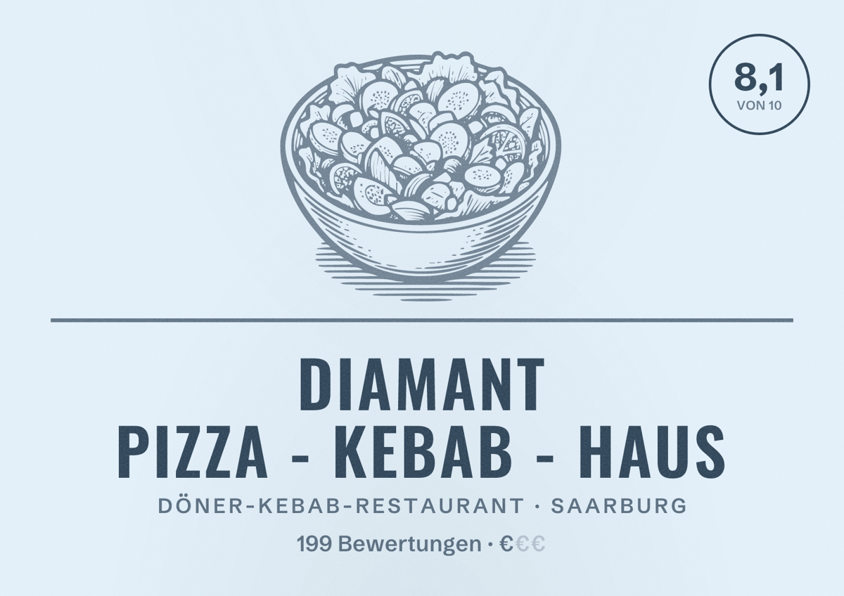 Illustriertes Poster von Diamant Pizza - Kebab - Haus, Döner-Kebab-Restaurant in Saarburg: Bewertung 8,1 von 10 aus 199 Bewertungen, Preisniveau €