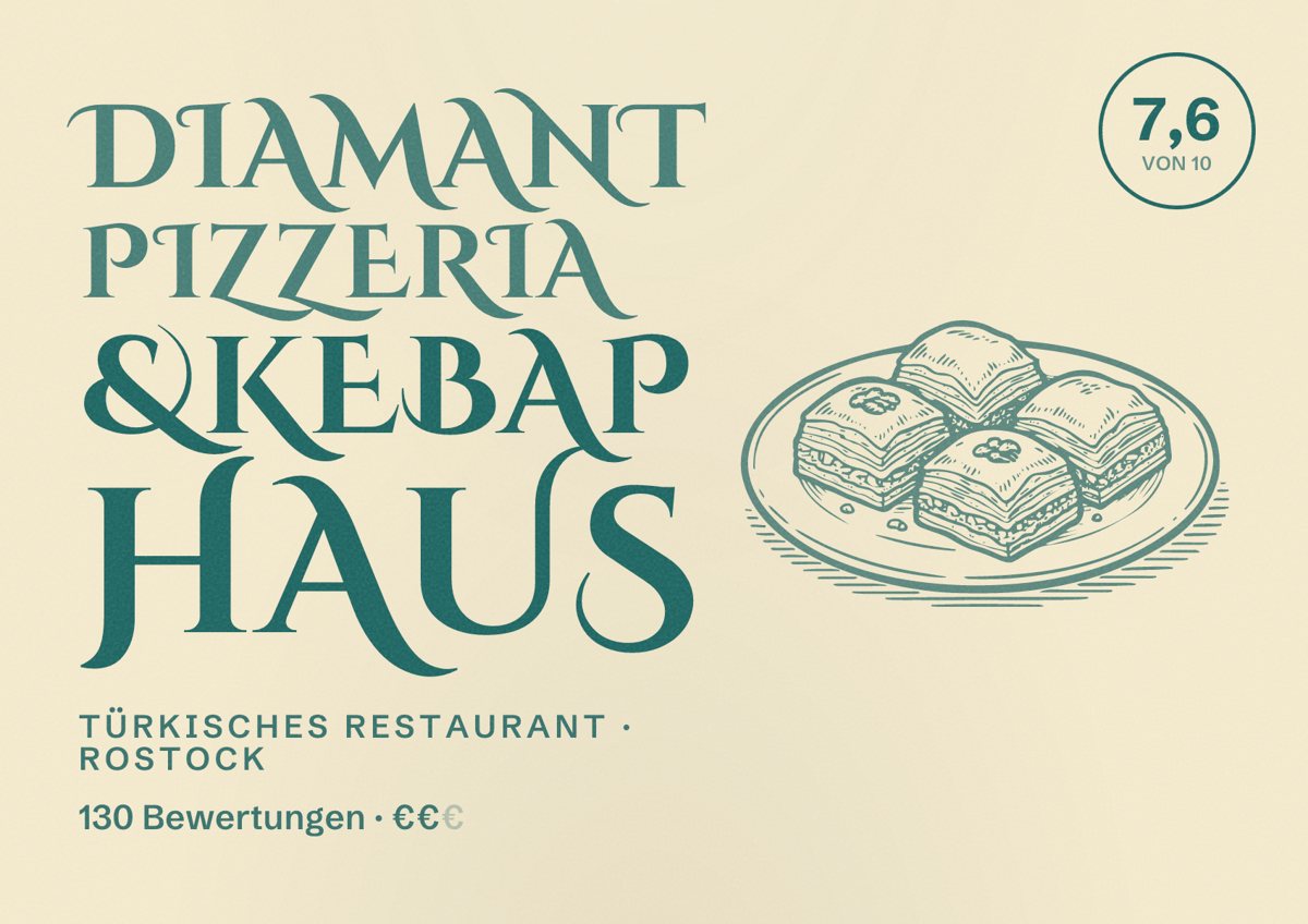 Illustriertes Poster von Diamant pizzeria &kebap Haus, Türkisches Restaurant in Rostock: Bewertung 7,6 von 10 aus 130 Bewertungen, Preisniveau €€