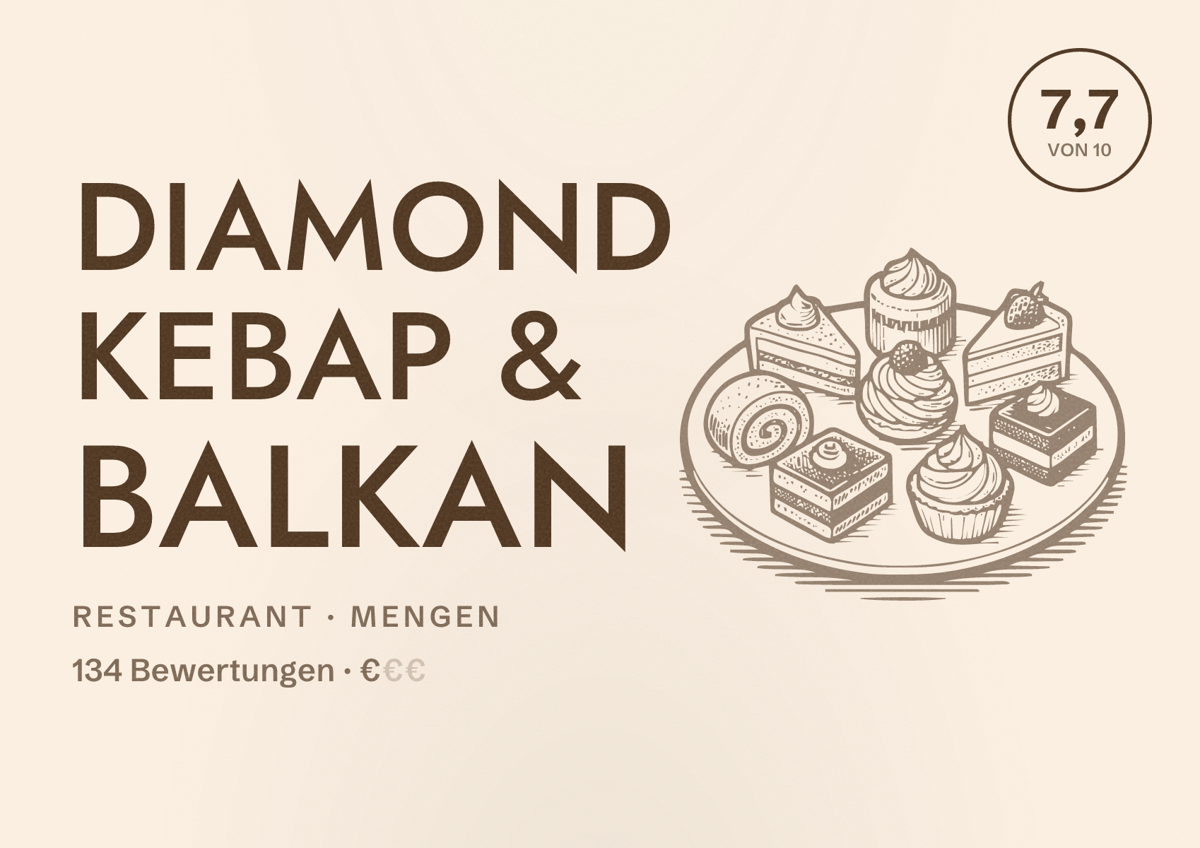 Illustriertes Poster von Diamond Kebap & Balkan, Restaurant in Mengen: Bewertung 7,7 von 10 aus 134 Bewertungen, Preisniveau €