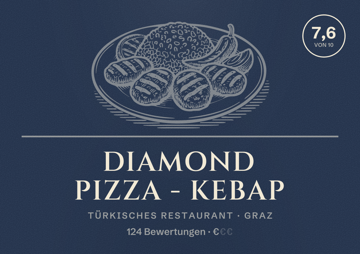 Illustriertes Poster von DIAMOND Pizza - Kebap, Türkisches Restaurant in Graz: Bewertung 7,6 von 10 aus 124 Bewertungen, Preisniveau €