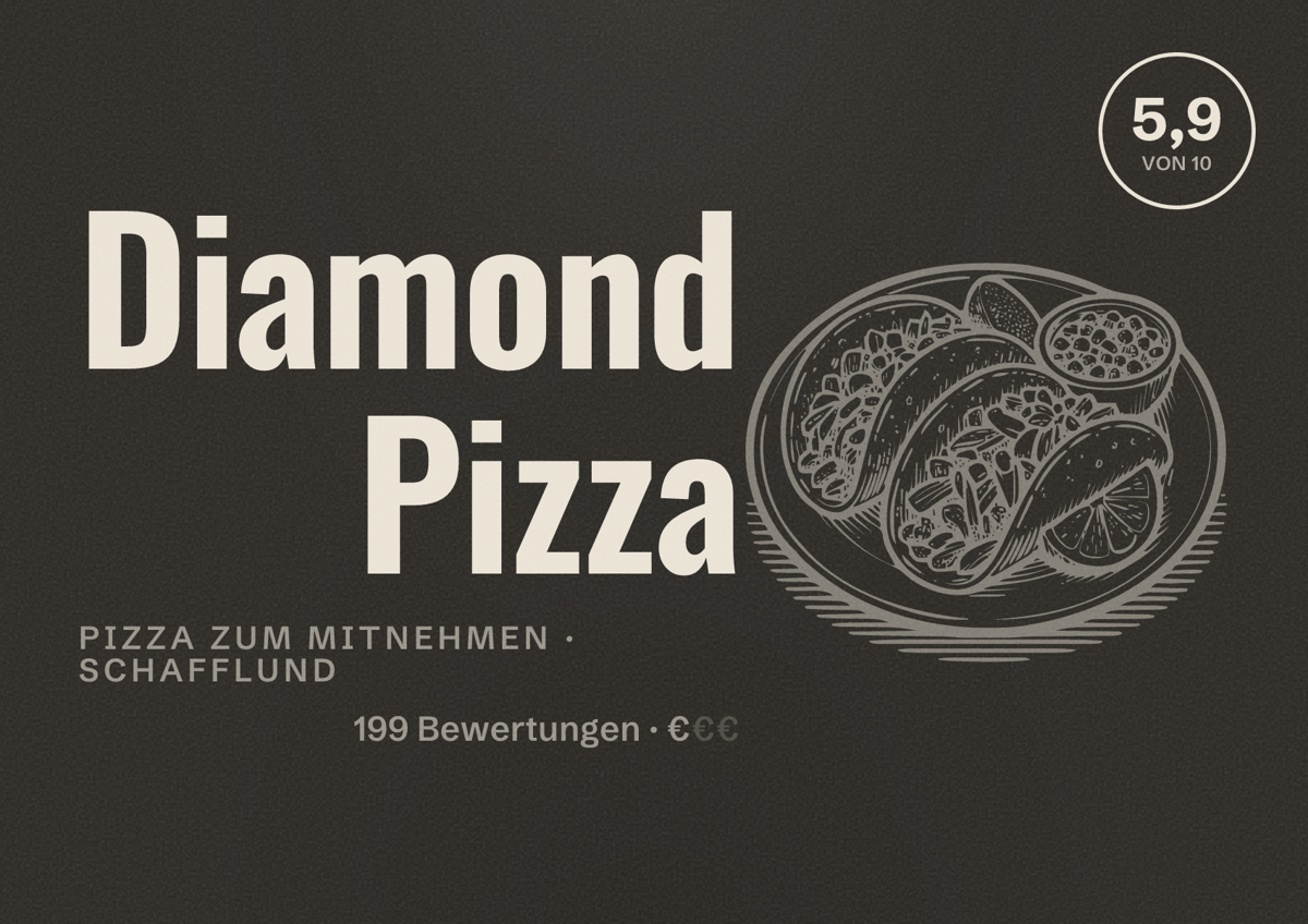 Illustriertes Poster von Diamond Pizza, Pizza zum Mitnehmen in Schafflund: Bewertung 5,9 von 10 aus 199 Bewertungen, Preisniveau €