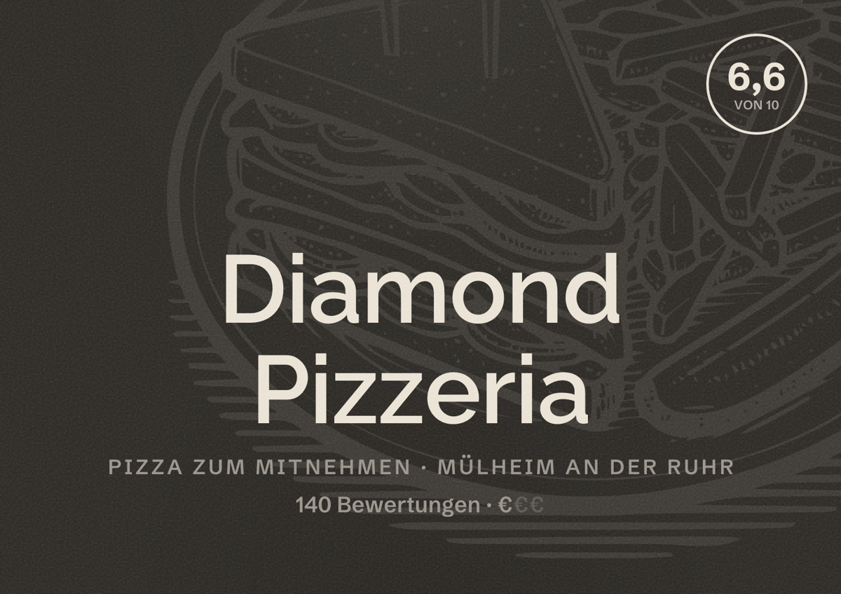 Illustriertes Poster von Diamond Pizzeria, Pizza zum Mitnehmen in Mülheim an der Ruhr: Bewertung 6,6 von 10 aus 140 Bewertungen, Preisniveau €