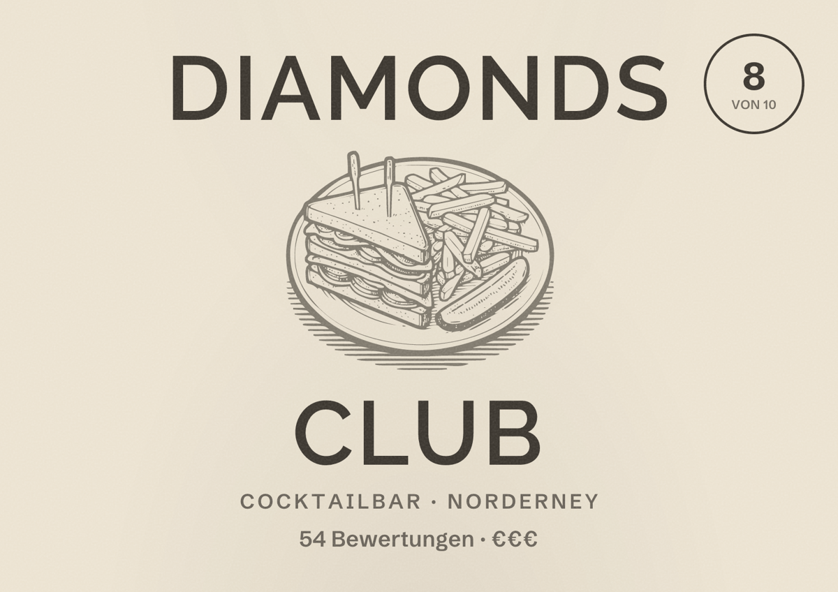 Illustriertes Poster von Diamonds Club, Cocktailbar in Norderney: Bewertung 8 von 10 aus 54 Bewertungen, Preisniveau €€€