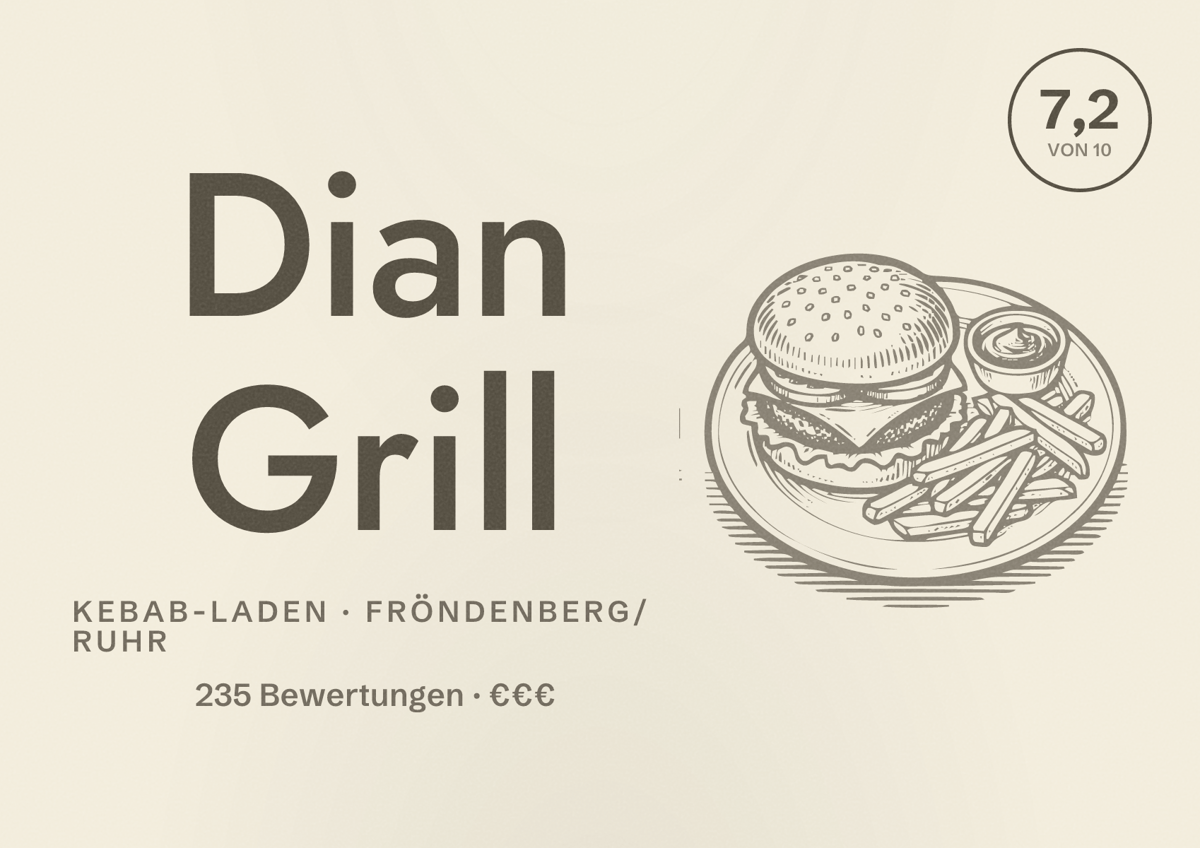 Illustriertes Poster von Dian Grill, Kebab-Laden in Fröndenberg/Ruhr: Bewertung 7,2 von 10 aus 235 Bewertungen, Preisniveau €€€