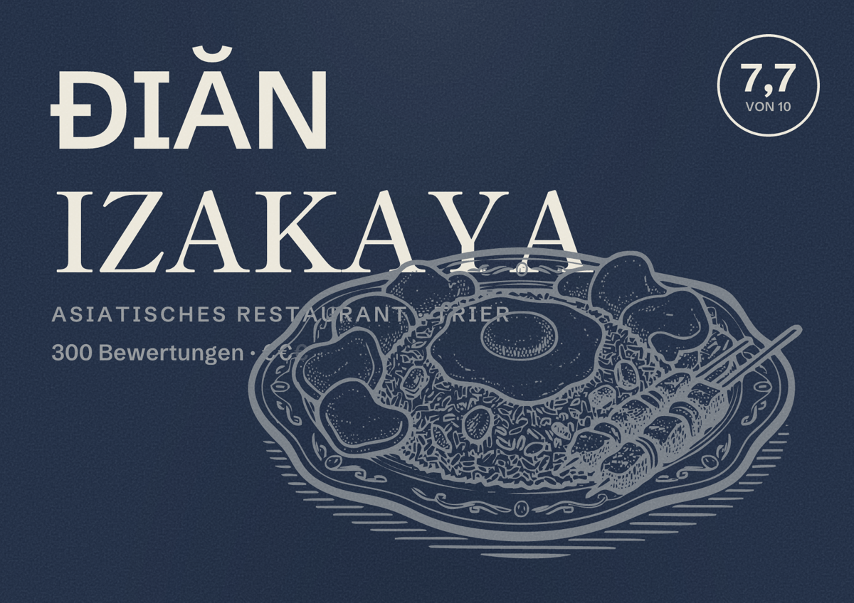 Illustriertes Poster von ĐIĂN IZAKAYA, Asiatisches Restaurant in Trier: Bewertung 7,7 von 10 aus 300 Bewertungen, Preisniveau €€