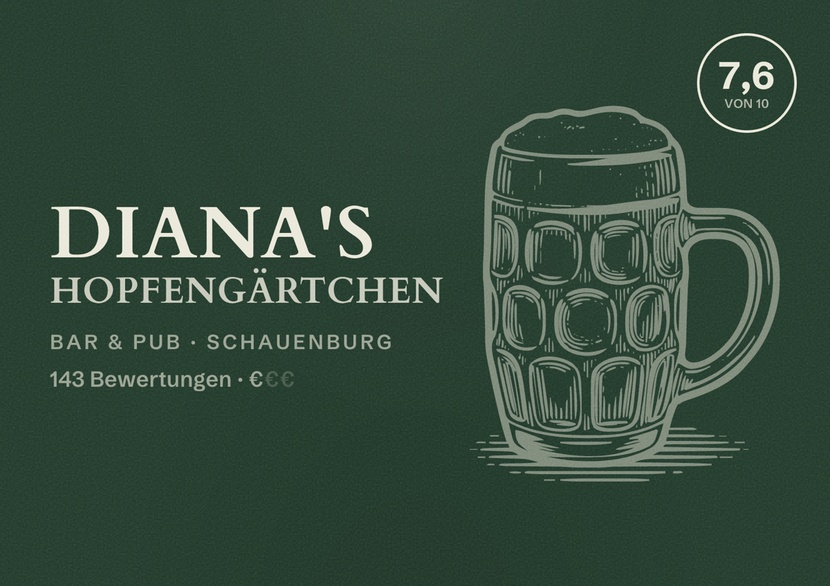 Illustriertes Poster von Diana's Hopfengärtchen, Bar & Pub in Schauenburg: Bewertung 7,6 von 10 aus 143 Bewertungen, Preisniveau €