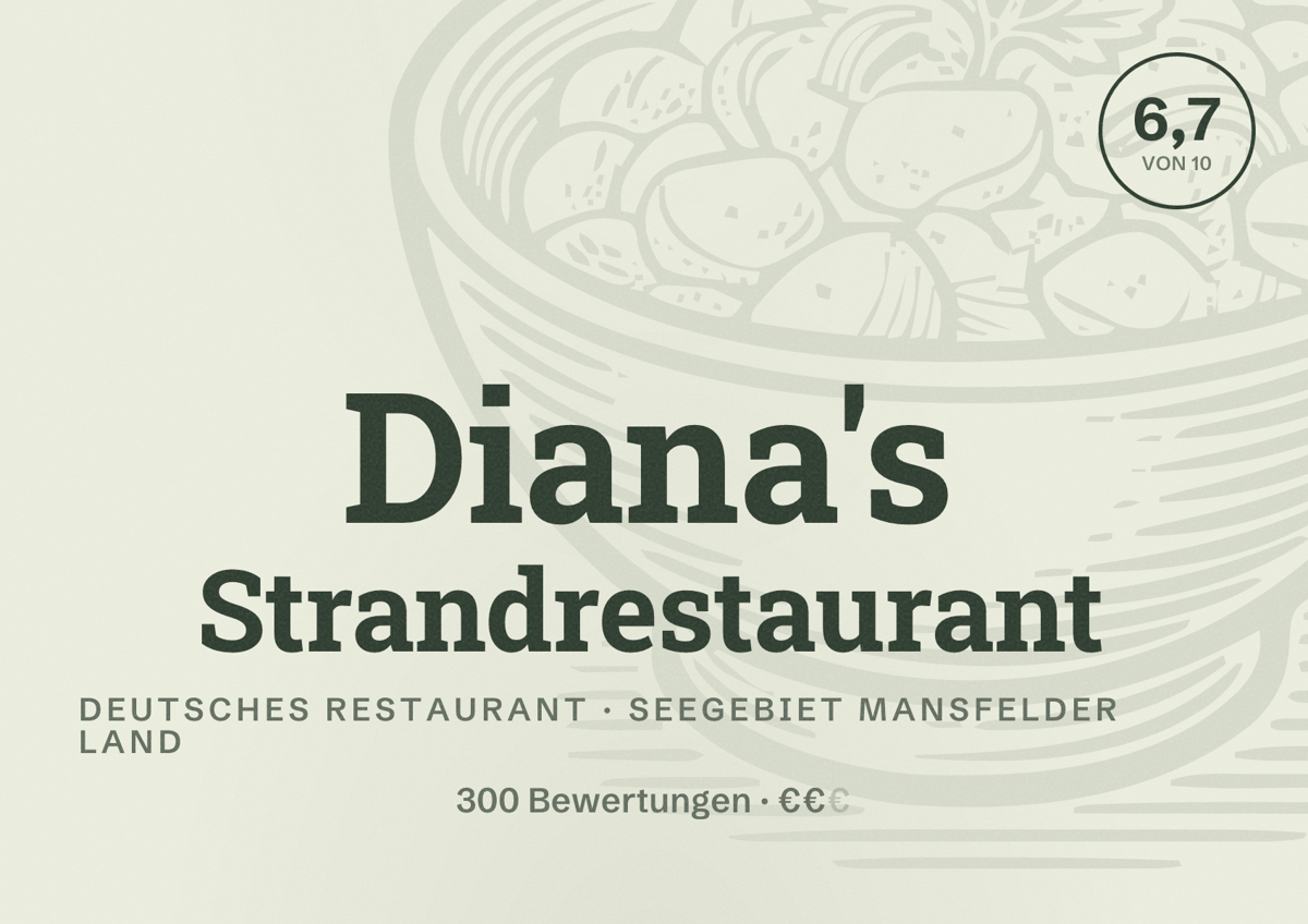 Illustriertes Poster von Diana's Strandrestaurant, Deutsches Restaurant in Seegebiet Mansfelder Land: Bewertung 6,7 von 10 aus 300 Bewertungen, Preisniveau €€
