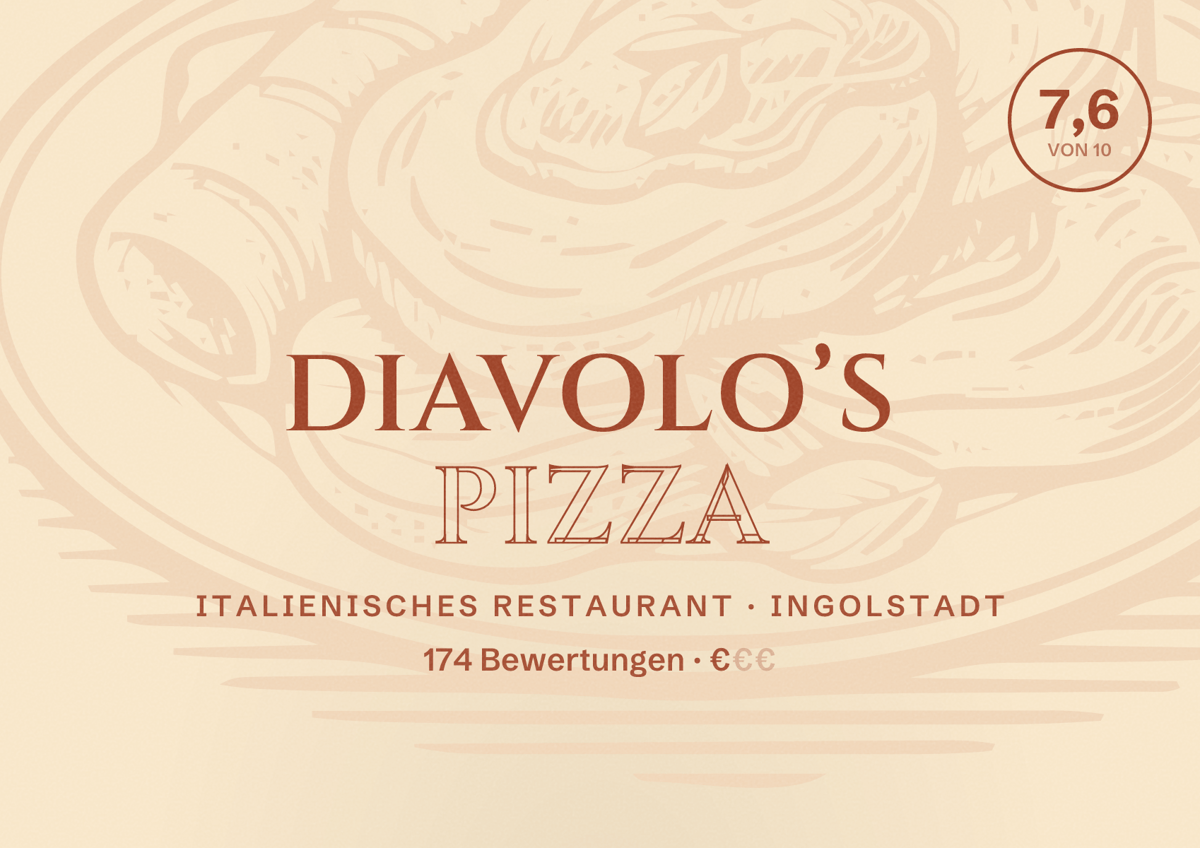 Illustriertes Poster von Diavolo’s Pizza, Italienisches Restaurant in Ingolstadt: Bewertung 7,6 von 10 aus 174 Bewertungen, Preisniveau €