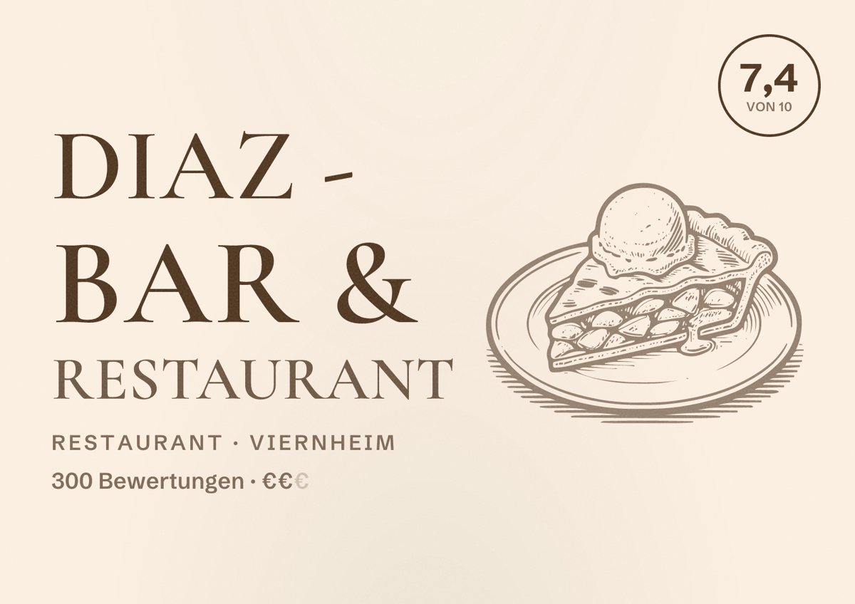 Illustriertes Poster von Diaz - Bar & Restaurant, Restaurant in Viernheim: Bewertung 7,4 von 10 aus 300 Bewertungen, Preisniveau €€