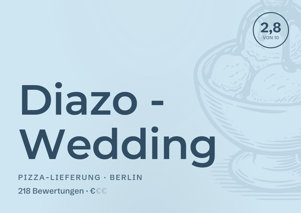 Illustriertes Poster von Diazo - Wedding, Pizza-Lieferung in Berlin: Bewertung 2,8 von 10 aus 218 Bewertungen, Preisniveau €