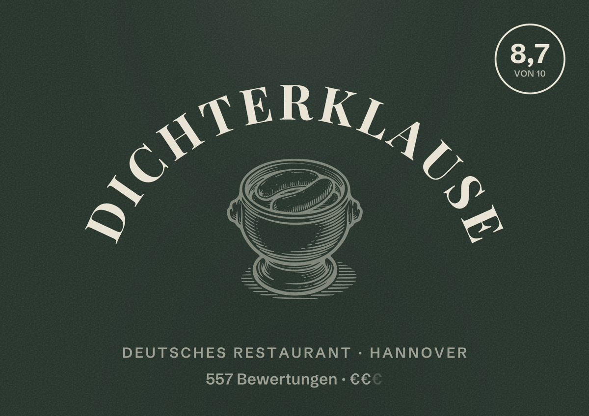 Illustriertes Poster von Dichterklause, Deutsches Restaurant in Hannover: Bewertung 8,7 von 10 aus 557 Bewertungen, Preisniveau €€