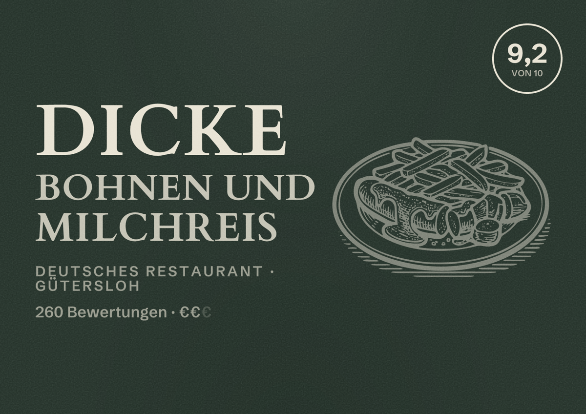 Illustriertes Poster von Dicke Bohnen und Milchreis, Deutsches Restaurant in Gütersloh: Bewertung 9,2 von 10 aus 260 Bewertungen, Preisniveau €€