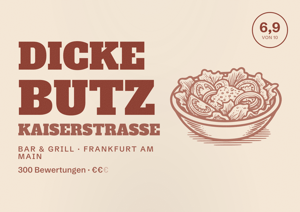 Illustriertes Poster von Dicke Butz Kaiserstraße, Bar & Grill in Frankfurt am Main: Bewertung 6,9 von 10 aus 300 Bewertungen, Preisniveau €€