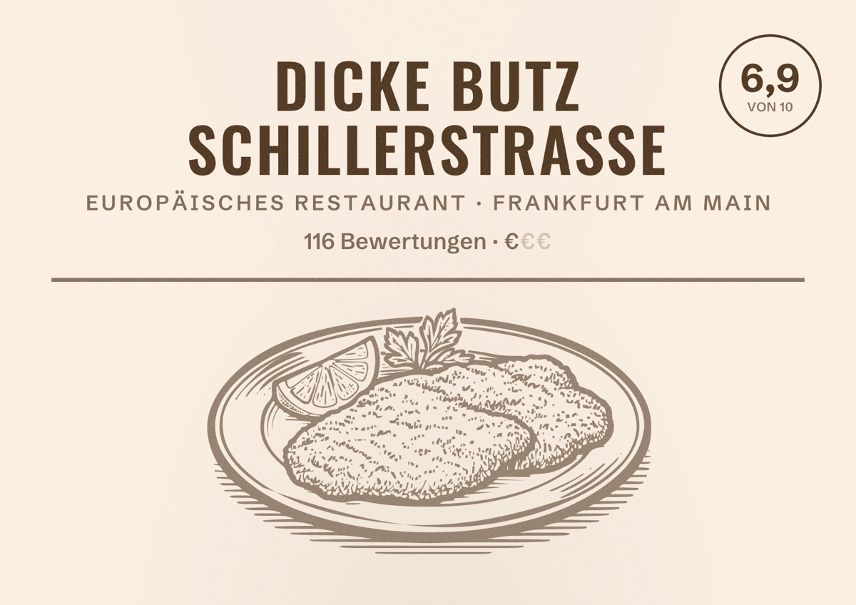Illustriertes Poster von Dicke Butz Schillerstrasse, Europäisches Restaurant in Frankfurt am Main: Bewertung 6,9 von 10 aus 116 Bewertungen, Preisniveau €