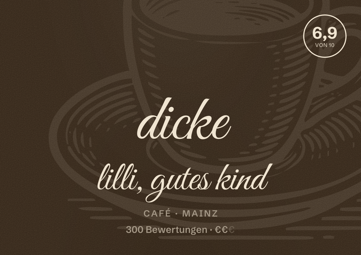 Illustriertes Poster von dicke lilli, gutes kind, Café in Mainz: Bewertung 6,9 von 10 aus 300 Bewertungen, Preisniveau €€