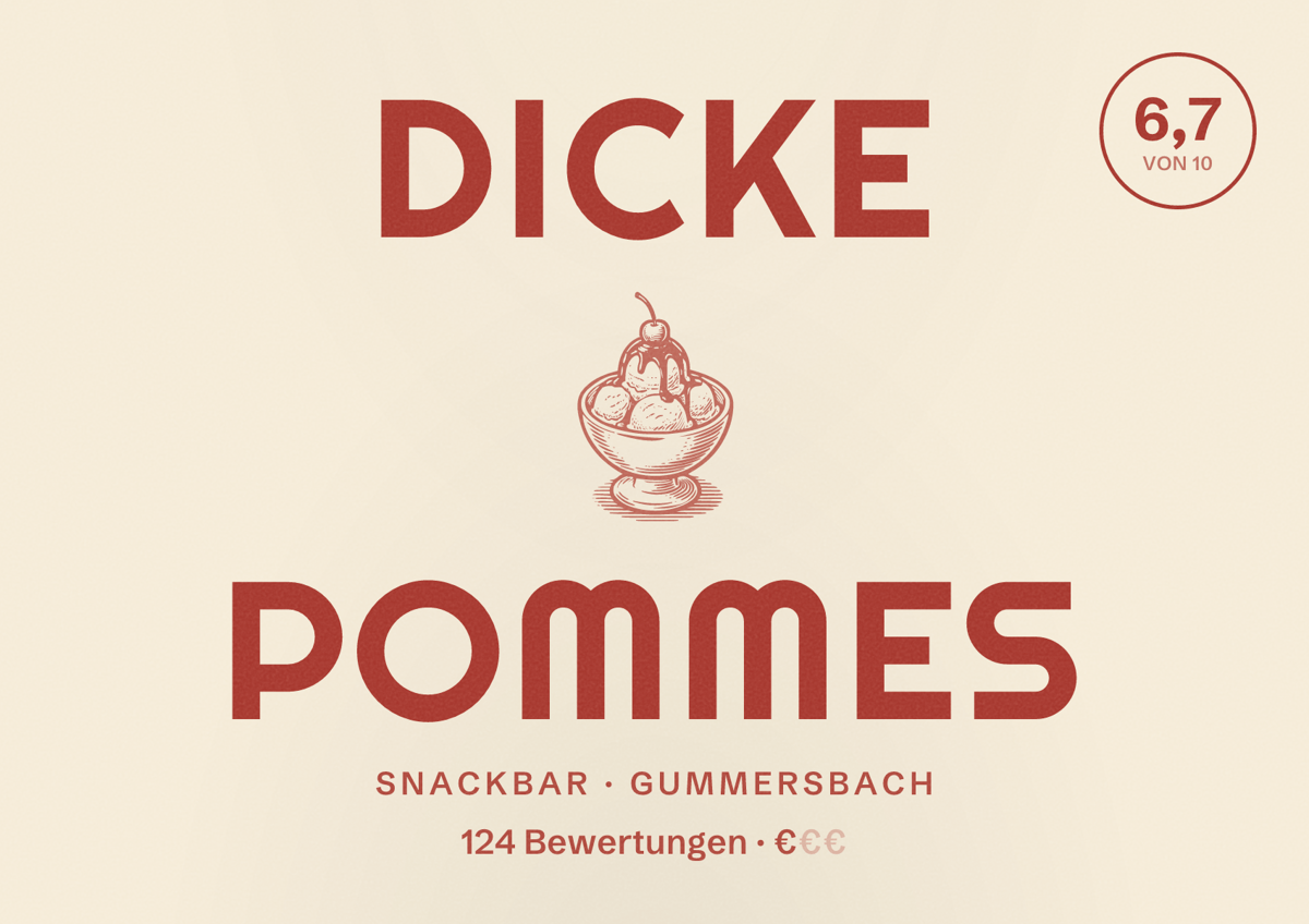 Illustriertes Poster von Dicke Pommes, Snackbar in Gummersbach: Bewertung 6,7 von 10 aus 124 Bewertungen, Preisniveau €