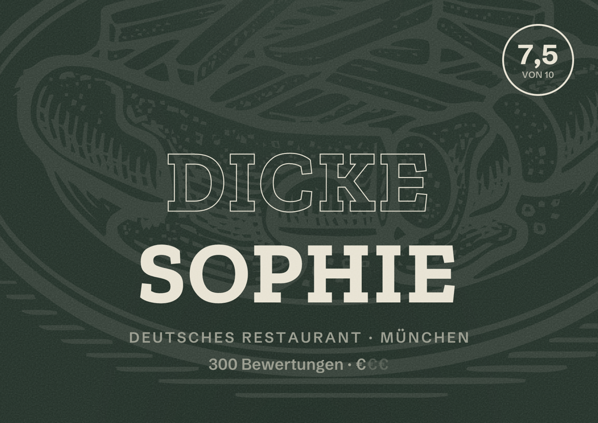 Illustriertes Poster von Dicke Sophie, Deutsches Restaurant in München: Bewertung 7,5 von 10 aus 300 Bewertungen, Preisniveau €