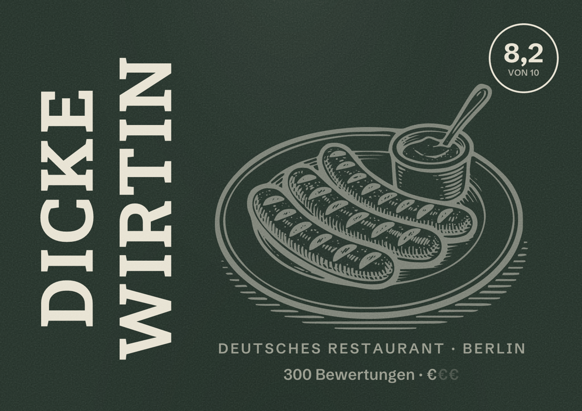 Illustriertes Poster von Dicke Wirtin, Deutsches Restaurant in Berlin: Bewertung 8,2 von 10 aus 300 Bewertungen, Preisniveau €