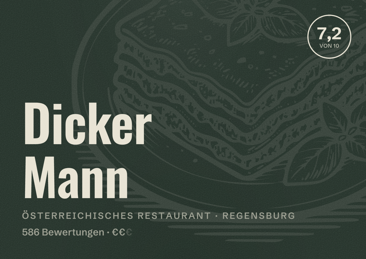 Illustriertes Poster von Dicker Mann, Österreichisches Restaurant in Regensburg: Bewertung 7,2 von 10 aus 586 Bewertungen, Preisniveau €€