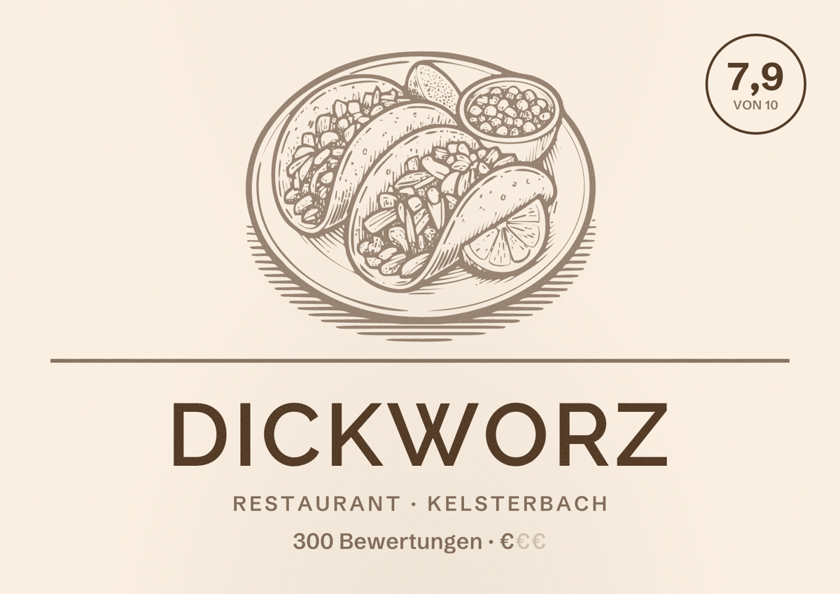Illustriertes Poster von Dickworz, Restaurant in Kelsterbach: Bewertung 7,9 von 10 aus 300 Bewertungen, Preisniveau €