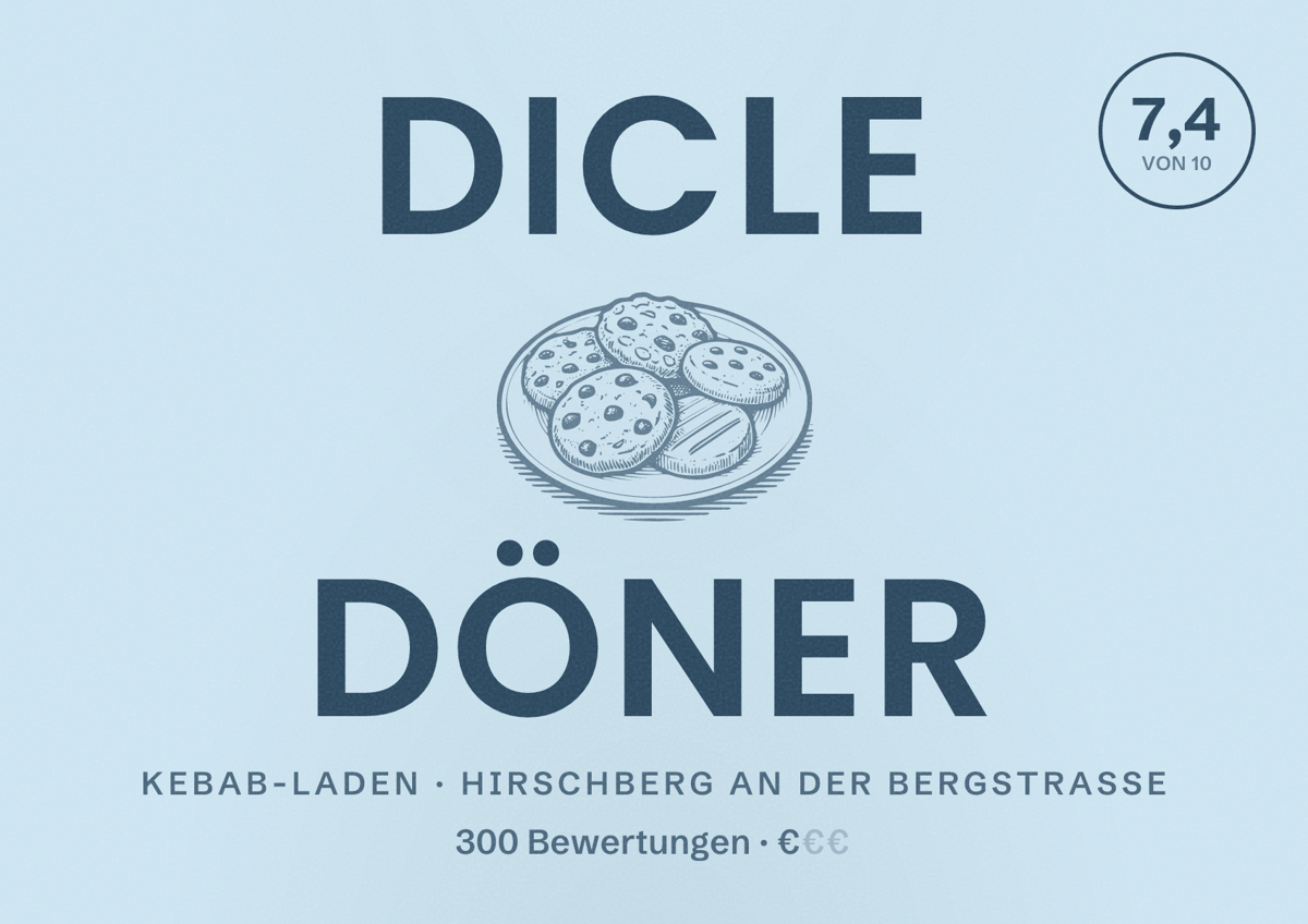 Illustriertes Poster von Dicle Döner, Kebab-Laden in Hirschberg an der Bergstraße: Bewertung 7,4 von 10 aus 300 Bewertungen, Preisniveau €