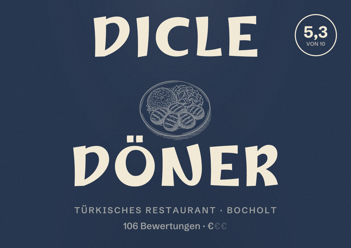 Illustriertes Poster von Dicle Döner, Türkisches Restaurant in Bocholt: Gästebewertung 5,3 von 10 aus 106 Bewertungen