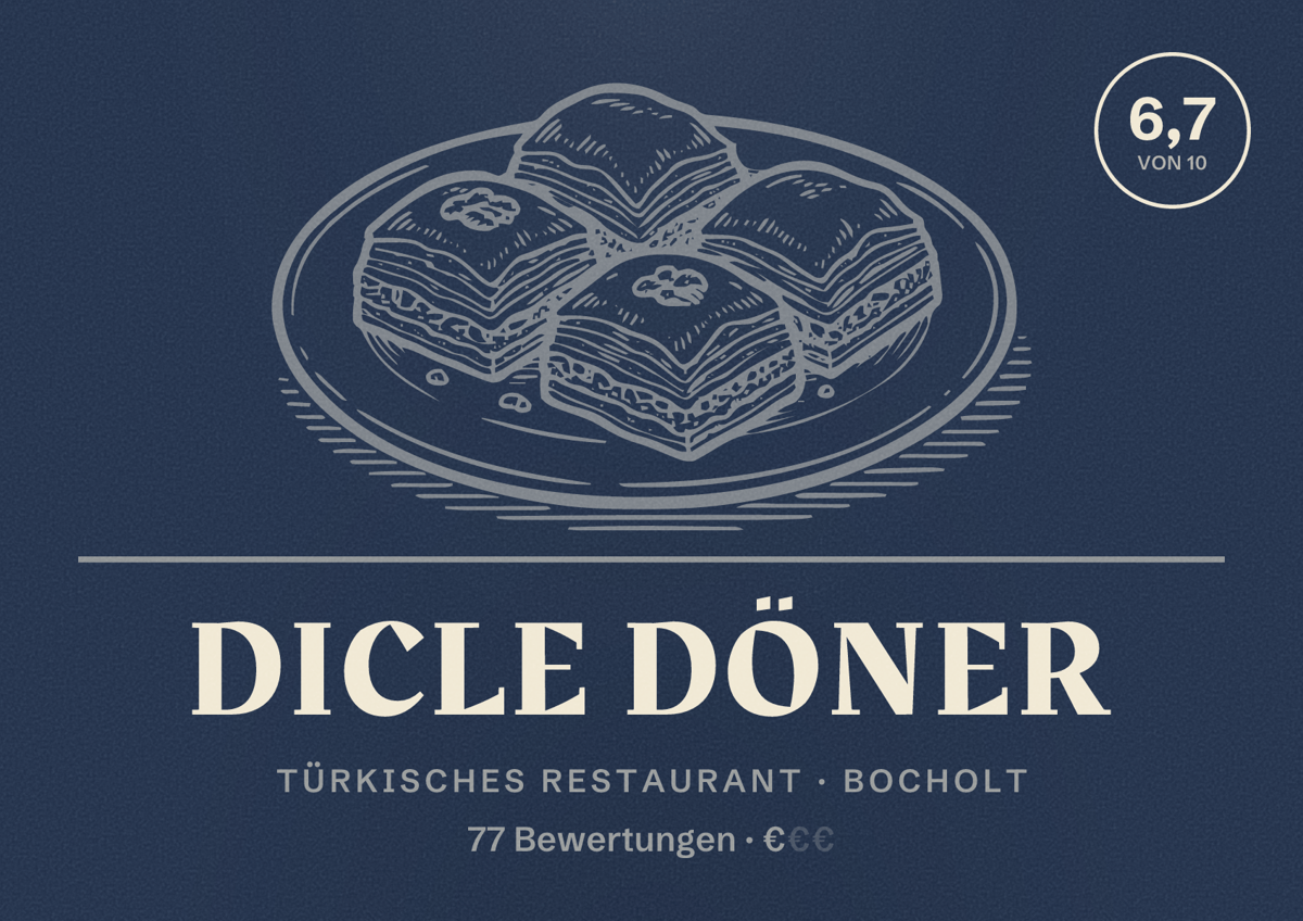 Illustriertes Poster von Dicle Döner, Türkisches Restaurant in Bocholt: Bewertung 6,7 von 10 aus 77 Bewertungen, Preisniveau €