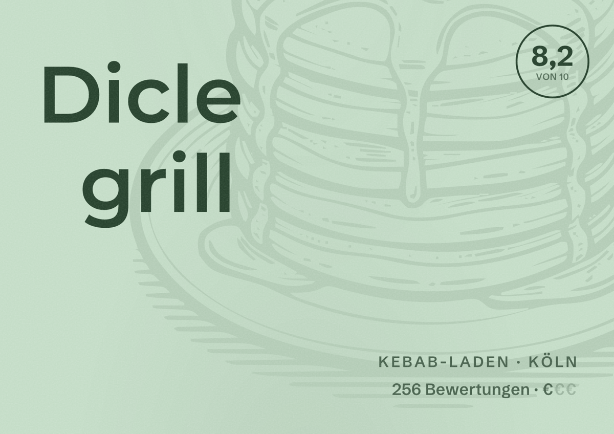Illustriertes Poster von Dicle grill, Kebab-Laden in Köln: Bewertung 8,2 von 10 aus 256 Bewertungen, Preisniveau €