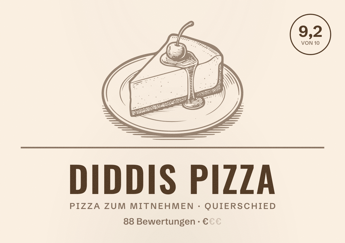 Illustriertes Poster von Diddis Pizza, Pizza zum Mitnehmen in Quierschied: Bewertung 9,2 von 10 aus 88 Bewertungen, Preisniveau €