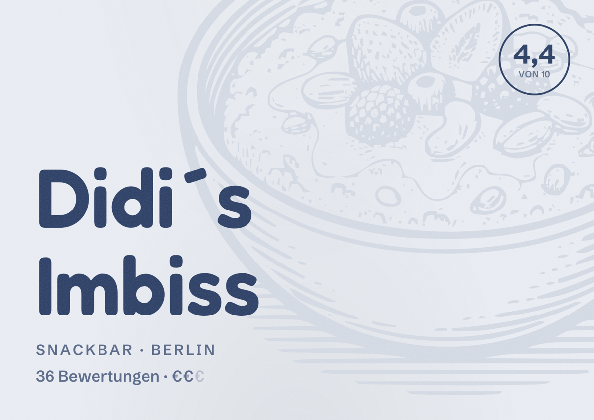 Illustriertes Poster von Didi´s Imbiss, Snackbar in Berlin: Bewertung 4,4 von 10 aus 36 Bewertungen, Preisniveau €€