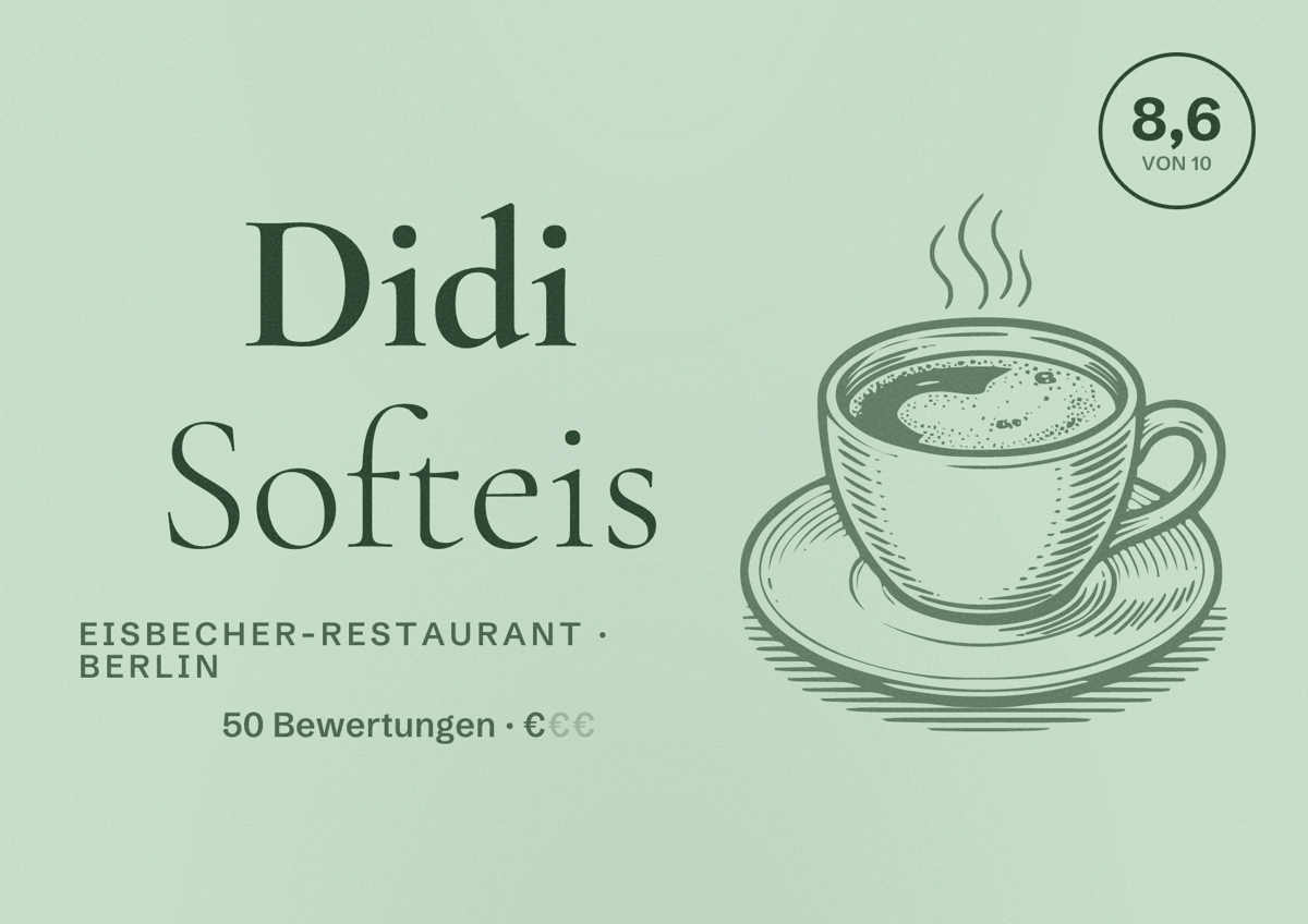 Illustriertes Poster von Didi Softeis, Eisbecher-Restaurant in Berlin: Bewertung 8,6 von 10 aus 50 Bewertungen, Preisniveau €