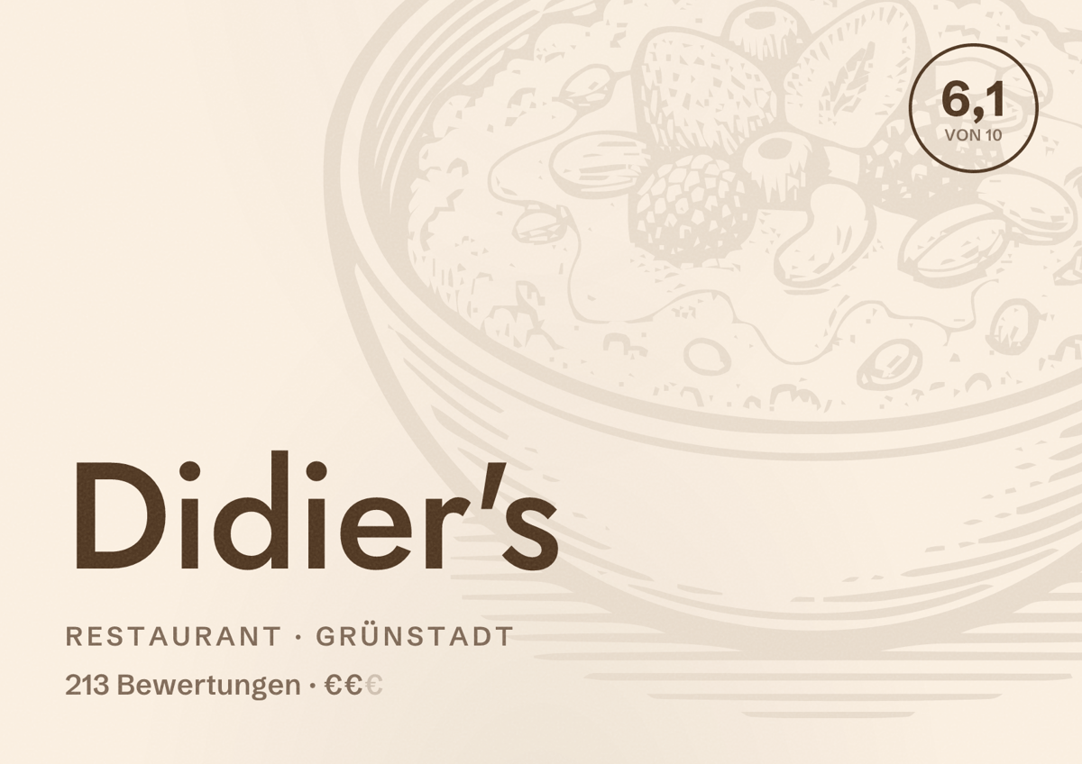 Illustriertes Poster von Didier's, Restaurant in Grünstadt: Bewertung 6,1 von 10 aus 213 Bewertungen, Preisniveau €€