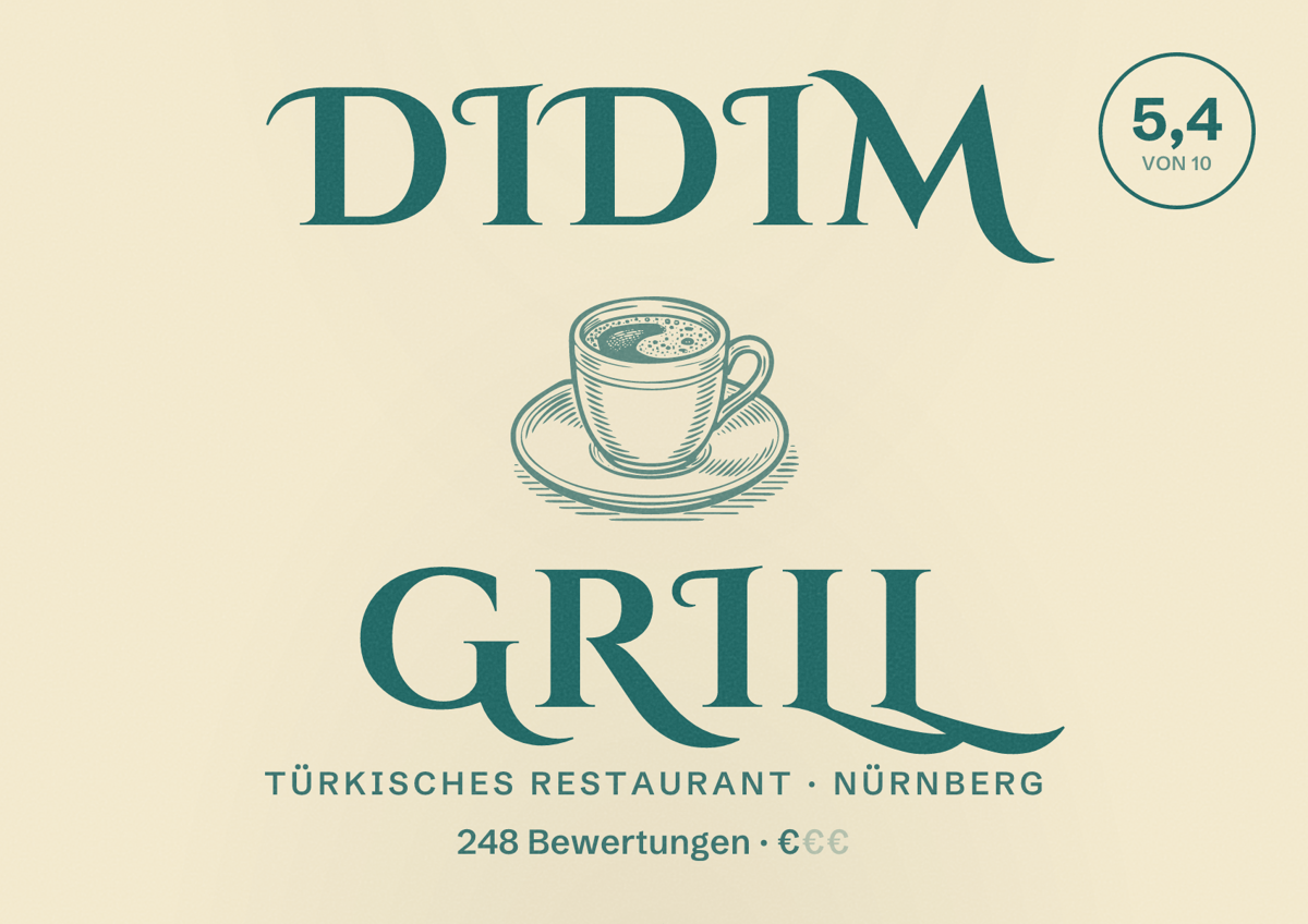 Illustriertes Poster von DiDim Grill, Türkisches Restaurant in Nürnberg: Bewertung 5,4 von 10 aus 248 Bewertungen, Preisniveau €