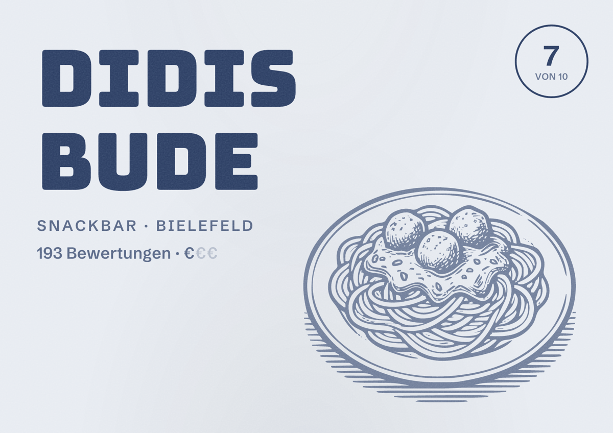 Illustriertes Poster von Didis Bude, Snackbar in Bielefeld: Bewertung 7 von 10 aus 193 Bewertungen, Preisniveau €