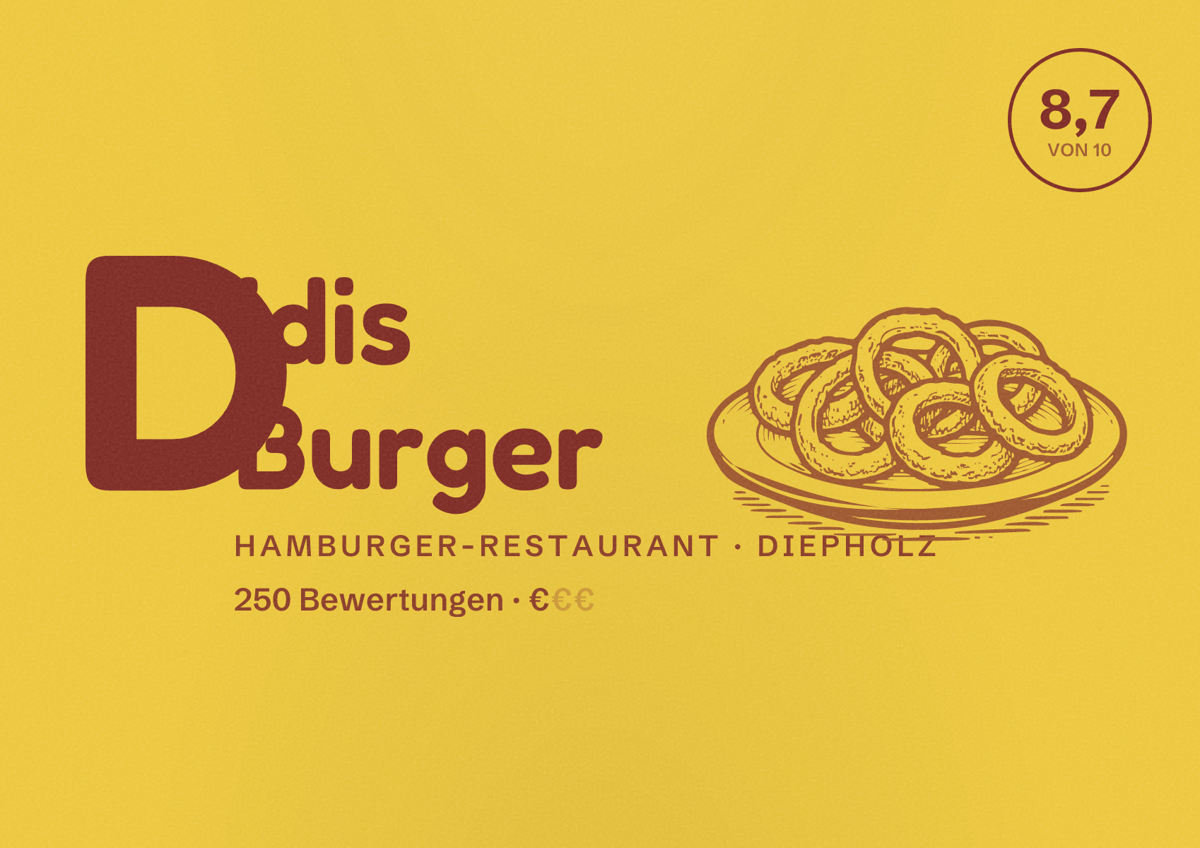 Illustriertes Poster von Didis Burger, Hamburger-Restaurant in Diepholz: Bewertung 8,7 von 10 aus 250 Bewertungen, Preisniveau €