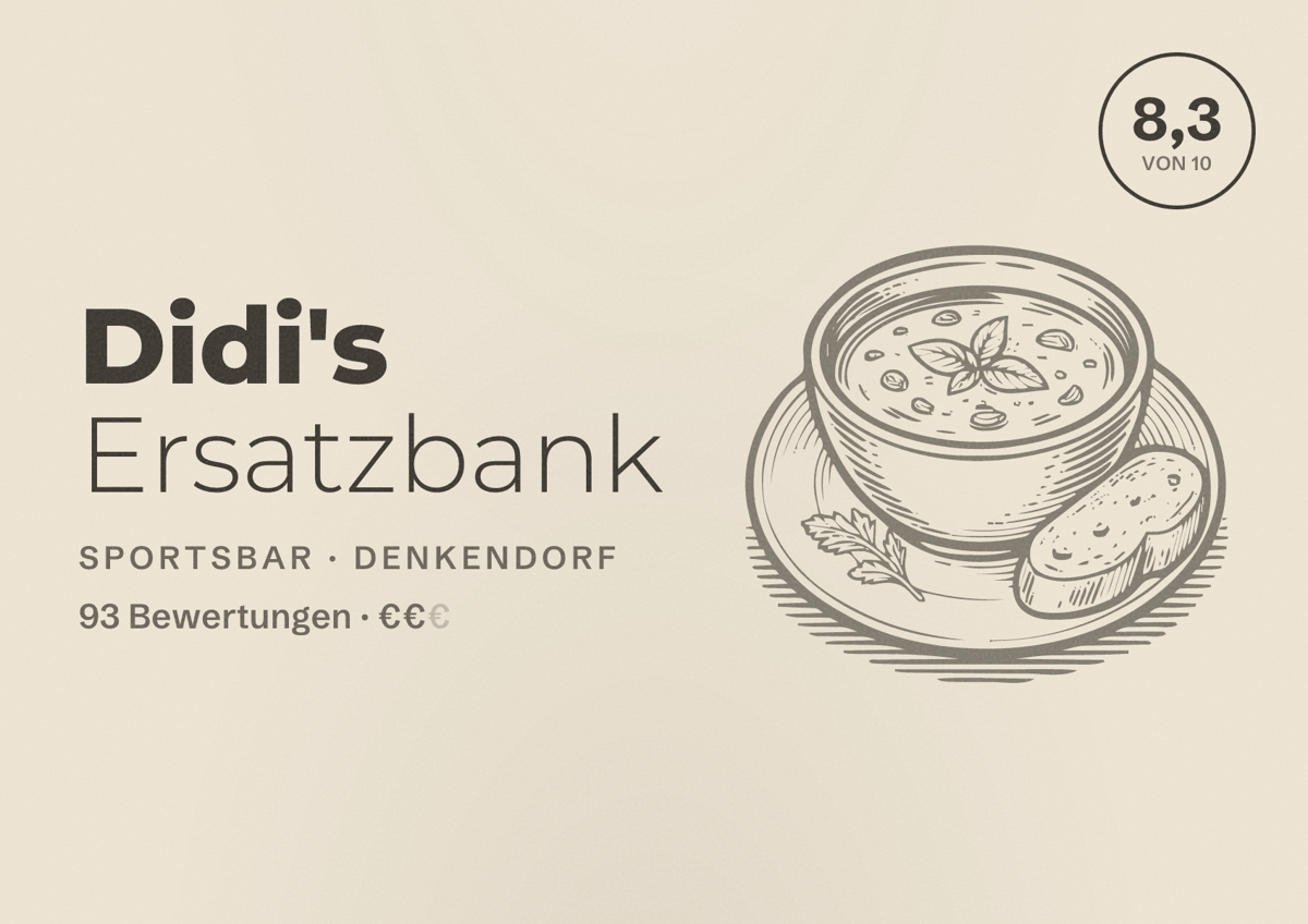 Illustriertes Poster von Didi's Ersatzbank, Sportsbar in Denkendorf: Bewertung 8,3 von 10 aus 93 Bewertungen, Preisniveau €€