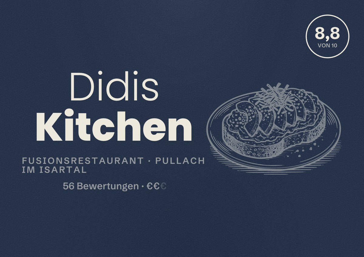 Illustriertes Poster von Didis Kitchen, Fusionsrestaurant in Pullach im Isartal: Bewertung 8,8 von 10 aus 56 Bewertungen, Preisniveau €€