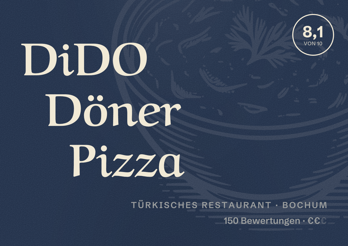 Illustriertes Poster von DiDO Döner Pizza, Türkisches Restaurant in Bochum: Bewertung 8,1 von 10 aus 150 Bewertungen, Preisniveau €€