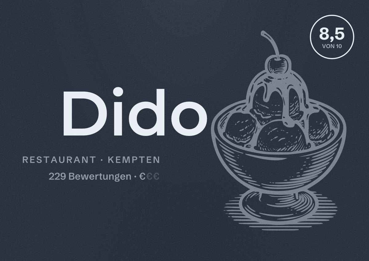 Illustriertes Poster von Dido, Restaurant in Kempten: Bewertung 8,5 von 10 aus 229 Bewertungen, Preisniveau €