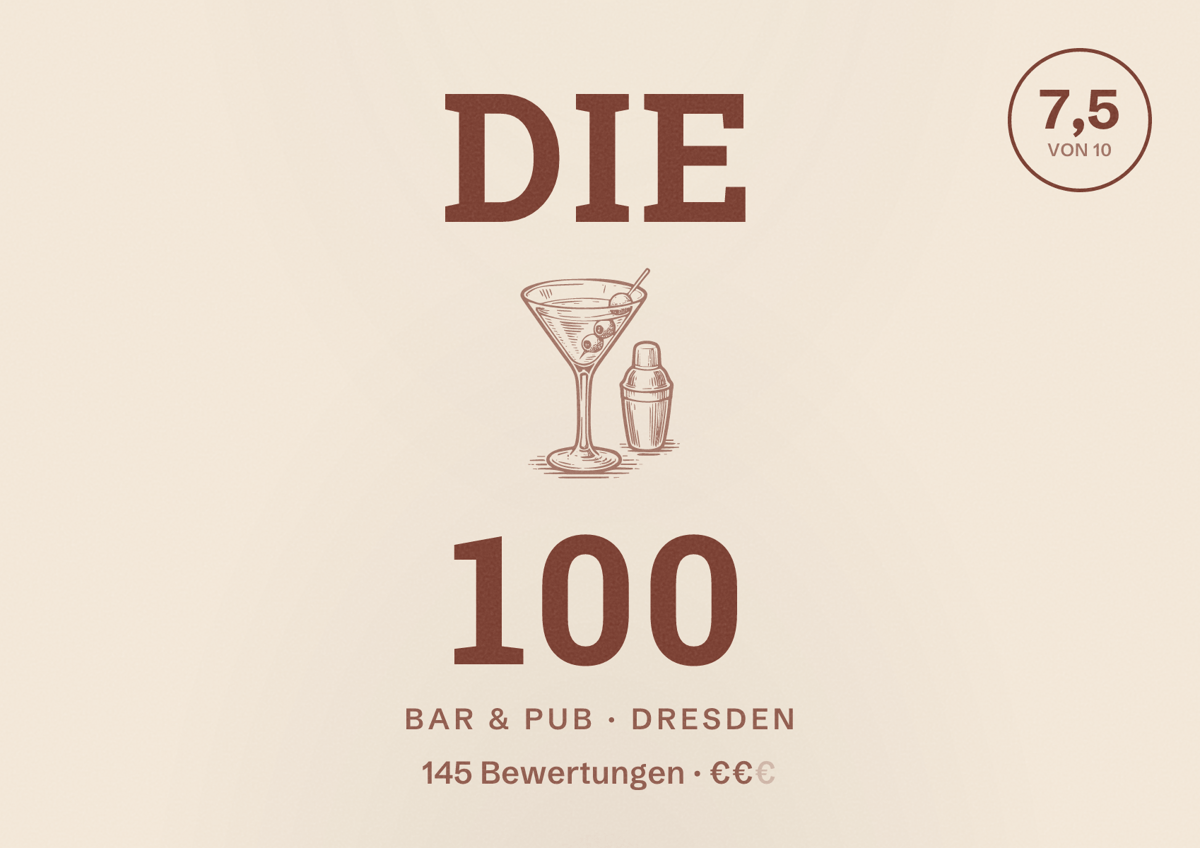 Illustriertes Poster von Die 100, Bar & Pub in Dresden: Bewertung 7,5 von 10 aus 145 Bewertungen, Preisniveau €€