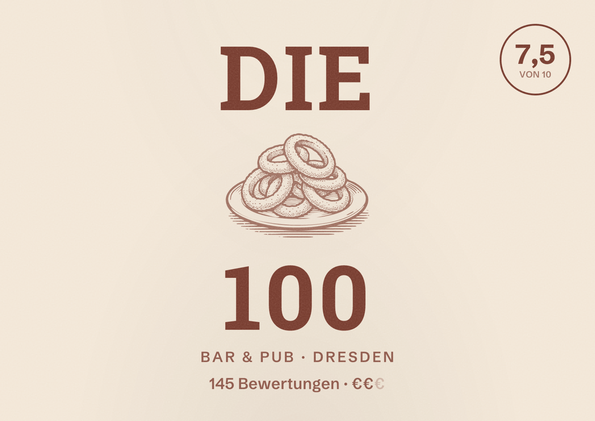 Illustriertes Poster von Die 100, Bar & Pub in Dresden: Bewertung 7,5 von 10 aus 145 Bewertungen, Preisniveau €€