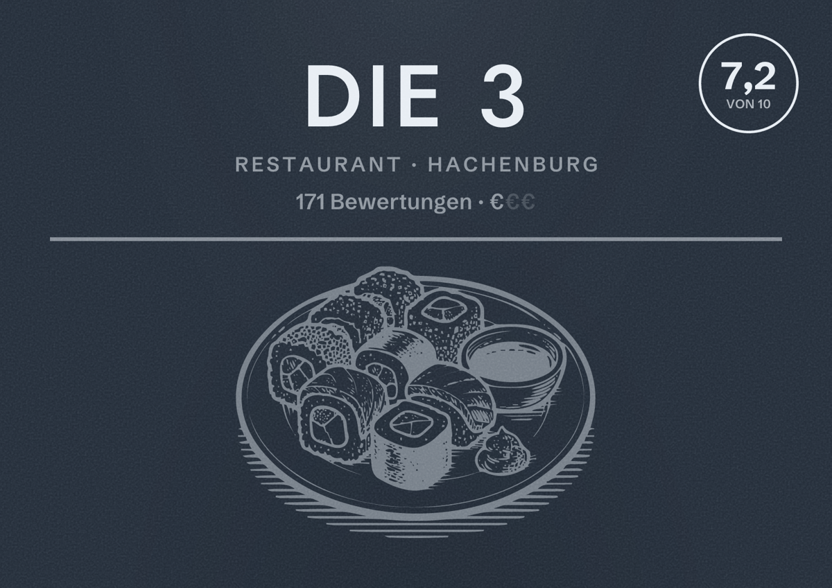 Illustriertes Poster von Die 3, Restaurant in Hachenburg: Bewertung 7,2 von 10 aus 171 Bewertungen, Preisniveau €