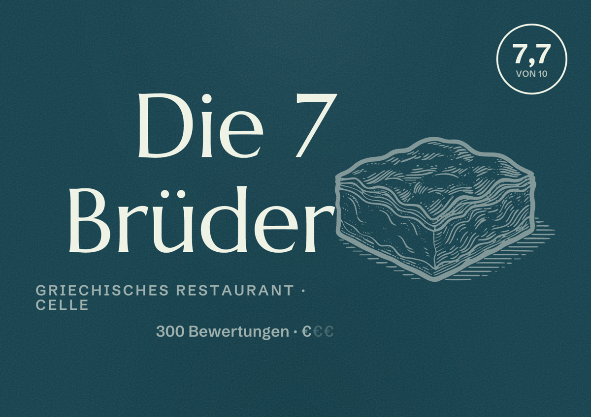 Illustriertes Poster von Die 7 Brüder, Griechisches Restaurant in Celle: Bewertung 7,7 von 10 aus 300 Bewertungen, Preisniveau €